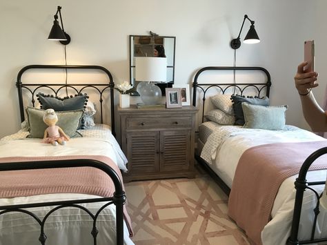 Girls Room Black Bed, Bedroom Black Bed, Wood And Black Metal, Shared Girls Bedroom, Black Bed Frame, Black Bed, Wood And Black, Twin Bedroom, Room Black