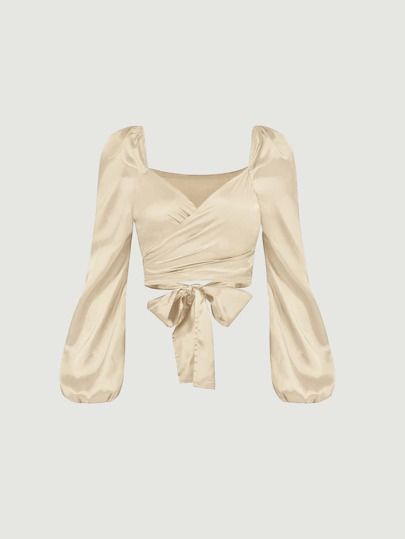 SHEIN Unity Lantern Sleeve Tie Back Satin Top | SHEIN USA Dresses To Wear To Quinceanera Guest, Surprise Dance Outfits Quinceanera, Quince Chambelanes Outfits, Quince Surprise Dance Outfits, Chambelan Outfits, Chambelanes Outfits Quinceanera, Quinceañera Planning, Quince Shirts, Champagne Quinceanera