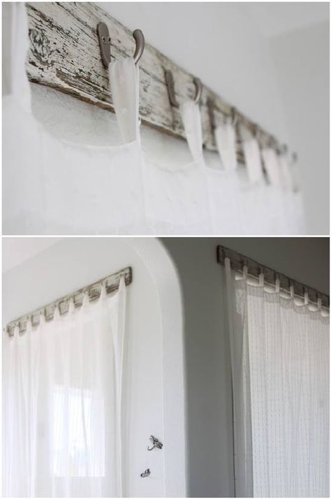 Farmhouse Living Room Curtains, Wood Curtain Rods, Farmhouse Window Treatments, Old Benches, Unique Curtains, Wood Curtain, Farmhouse Windows, The Curtains, Farmhouse Curtains