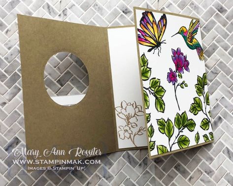 Fancy Folds – Surprise Window Card – StampinMak | Mary Ann Rossiter, Independent Stampin' Up! Demonstrator Fancy Fold Card Tutorials, Card Making Templates, Fun Cards, Window Cards, 3d Cards, Mary Ann, Card Making Tutorials, Fancy Fold Cards, Butterfly Cards