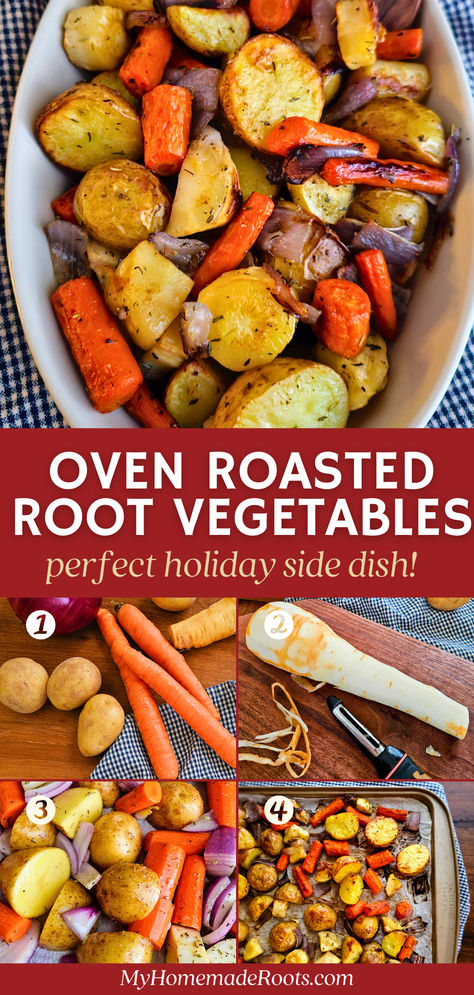 Discover the ultimate side dish with these Simple & Delicious Oven-Roasted Root Vegetables! Choose from a medley of carrots, parsnips, potatoes, beets, and more, all perfectly caramelized with a touch of olive oil and herbs. This versatile recipe is easy to make and perfect for cozy fall and winter meals, holiday dinners, or meal prepping. #RoastedVegetables #HealthyRecipes #FallFood #WinterMeals #VegetarianSides #HomesteadCooking Roasted Veggie Combinations, Vegetable Glaze Recipes, Roasted Yams And Vegetables, Roasted Vegetables In Crock Pot, Roasted Root Veggies In Oven, Roasted Winter Veggies, Roasted Winter Vegetables Oven, Roasted Autumn Vegetables, Healthy Easy Side Dishes