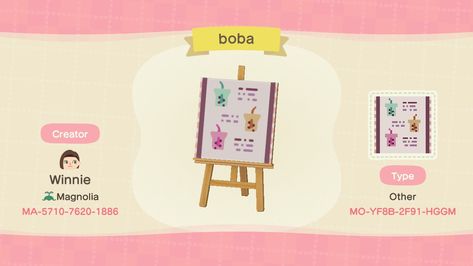 My bubble tea menu! Use on a simple panel to make a menu board! (Recolor design! Inspo from creator "india" Animal Crossing Boba Tea Shop, Acnh Bubble Tea Shop, Acnh Boba Shop Designs, Animal Crossing Bubble Tea, Acnh Menu Design, Acnh Boba Shop, Tropicore Acnh, Sign Animal Crossing, Juice Bar Menu