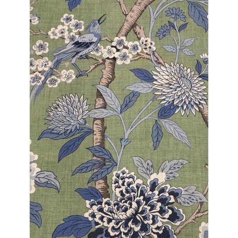 G P & J "Hydrangea Bird" fabric. Grass green with shades of blues. 6 yards  Width: 52.796 in Horizontal Repeat: 52.796 in Vertical Repeat: 41.764 in Content: LINEN - 100% Green And Cream Upholstery Fabric, Chinoiserie Fabric Upholstery, Chinoiserie Bed, French Country Fabric, Anna Spiro, Thibaut Fabric, Chinoiserie Fabric, Blue Green Fabric, Chinoiserie Decor