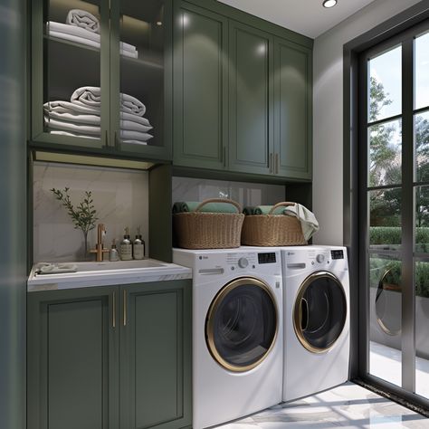 Green White Laundry Room, Green Washer And Dryer Laundry Rooms, Green Grey Laundry Room, Small Green Laundry Room, Hang Dry Laundry Room, Sage Green And Black Laundry Room, Save Green Laundry Room, Laundry Room Design Green, Green Laundry Room Design