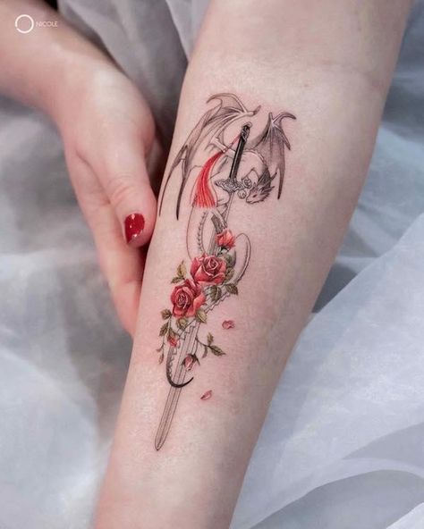 Flowers Arm Tattoo, Dragon Tattoo With Flowers, Dragon With Flowers, Chinese Dragon Tattoo, Dragon Thigh Tattoo, Clavicle Tattoo, Asian Dragon Tattoo, Chinese Dragon Tattoos, Back Of Shoulder Tattoo