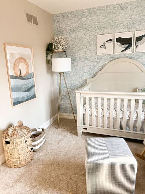 22 Calming Coastal Nursery Decorating Ideas » Lady Decluttered Jonah And The Whale Nursery, Nursery Room Inspiration Ocean, Ocean Themes Nursery, Boho Nautical Nursery, Baby Boy Ocean Theme Nursery, Ocean Theme Nursery Boy, Oyster Nursery, Whale Nursery Theme, Coastal Nursery Neutral