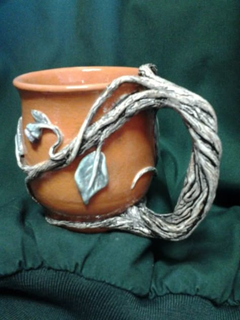 Thrown and altered clay mug blending terra cotta with white earthenware. Glazed clear, lead free, food safe. I REALLY wanna make this Clay Mugs With Cool Handles, Cute Clay Mugs Diy, Cool Clay Mugs, Creative Mug Handles, Creative Ceramic Mugs, Mug Handle Ideas, Ceramic Mugs Designs Creative, Ceramic Mug Handles, Clay Mug Designs