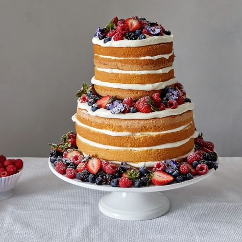 naked berry cake adorned martha bakes strawberries blueberries Chiffon Cake Recipe, Castella Cake, Berry Desserts, Entertaining Dinner, Berry Dessert, Strawberries Blueberries, Berry Cake, Sugar Cake, Chiffon Cake