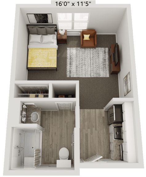 Ashford-of-Beavercreek_E_AL-Studio Bedroom Living Room Combo Layout, Studio Apt Ideas Layout, French Doors Bathroom, Tiny Studio Apartments Layout, Studio Layouts, Living Room And Bedroom Combo, Studio Apartment Ideas Layout, Tiny Studio Apartments, Studio Layout