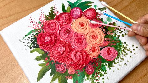 Cotton Bud Painting, Painting With Acrylics For Beginners, Bud Painting, Acrylics For Beginners, Rose Flower Painting, Rose Painting Acrylic, Step By Step Acrylic Painting, Painting With Acrylics, Q Tip Painting