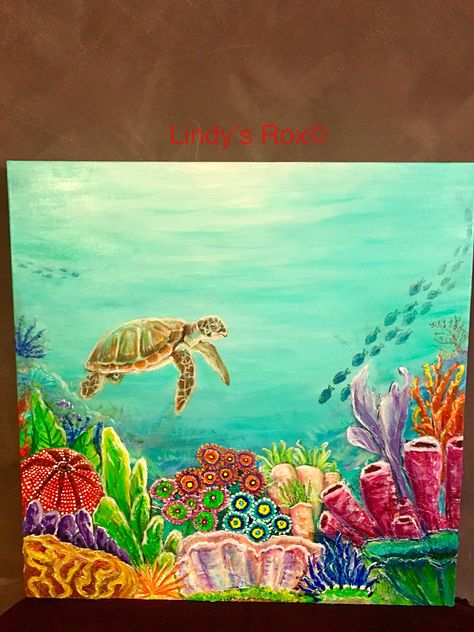 Underwater Coral Reef Drawing, Reef Drawing Ocean, Oil Pastel Art Underwater, Bottom Of The Ocean Painting, How To Paint Coral Reef, Seaweed Painting Acrylic, Paintings Of Coral, Acrylic Coral Reef Painting, Ocean Floor Art