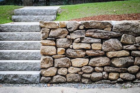 Natural Stone Wall Solutions © | Natural Stone Retaining Walls Field Stone Wall, Granite Steps, Boulder Wall, Retaining Wall Patio, Natural Stone Retaining Wall, Retaining Wall Construction, Retaining Wall Steps, Rock Retaining Wall, Stacked Stone Walls