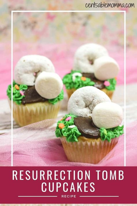 Easily create these delicious Easter Resurrection Tomb Cupcakes using your favorite cupcake recipe, frosting, powdered donuts, and marshmallows.  They're a great representation of the empty tomb on Easter morning! #easter #recipes #cupcakes Easter Outreach, Kitchen Extras, Vbs Snacks, Recipes Cupcakes, The Empty Tomb, Easter Resurrection, Easter Party Food, Powdered Donuts, Easter Snacks