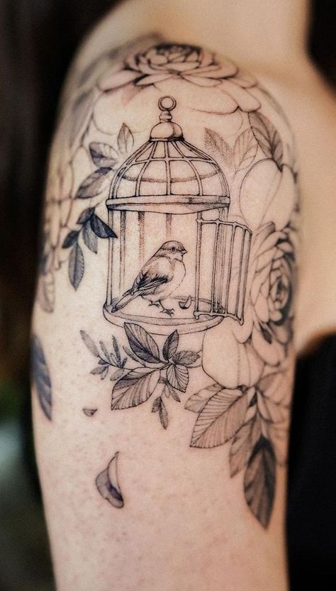 The Ultimate Guide To Flower Tattoos Bird Leaving Cage Tattoo, Bird In Cage Tattoo, Victorian Tattoos For Women, Bird And Cage Tattoo, Caged Bird Tattoo, Flower Tattoos Meanings, Bird Cage Tattoo, Birdcage Tattoo, Cage Tattoo