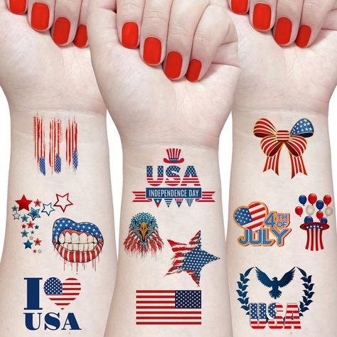 PRICES MAY VARY. 【Package Include】The 4th of July temporary tattoos package include 20 sheets non-repeating American flag temporary tattoos of flag, star, heart, hat, eagle, number, Statue of Liberty, glasses, 4th of July, USA, etc. The patriotic fake tattoo stickers measure 4.1×2.4inch/10.5×6cm, which makes them perfect for more usage scenarios. 【Premium Material】Our American flag tattoos are made with ink derived from brightly colored, safe and harmless plants so you can use it with confidence American Flag Tattoos, Labor Day Decorations, Stickers Usa, Flag Tattoos, Usa Tattoo, Flag Tattoo, American Tattoos, American Patriot, Fake Tattoos