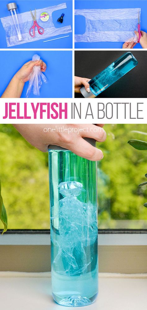 Jellyfish in a bottle Under The Sea Theme Preschool Science Ocean Activities, Beach Theme Science Experiments, Water Themed Preschool Crafts, Plastic Bag Jellyfish, Wave Bottle For Kids, Cool Sensory Bottles, Marine Science Experiments, Scuba Vbs Crafts For Older Kids, Kids Summer Science Experiments