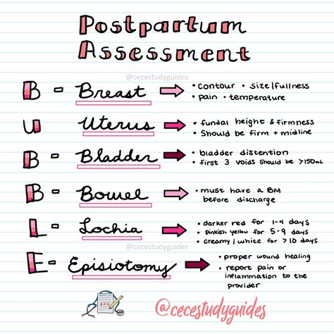 Essential postpartum assessment: BUBBLE * Breasts: size/fullness, pain, temperature * Uterus: fundal height, firmness, midline * Bladder: distention, voids >150 mL * Bowel: BM before discharge * Lochia: color changes over days * Episiotomy: healing, report issues to provider Postpartum Assessment, Fundal Height, Nursing Study Tips, Nursing Study, Study Materials, Ambulance, Study Tips, Postpartum, Assessment