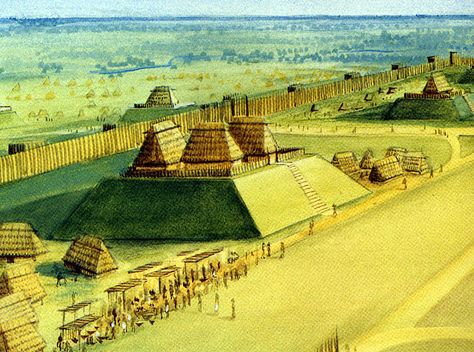 Cahokia Mounds with houses - Mississippian culture Mississippian Culture, Cahokia Mounds, Village Architecture, Mound Builders, Exo Art, History Facts Interesting, Egyptian Culture, Native American Artifacts, Mystery Of History