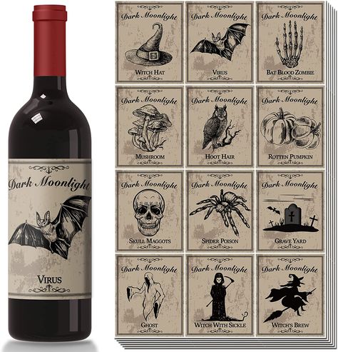 Amazon.com: 120 Pieces Halloween Wine Bottle Labels Halloween Beer Bottle Labels Sticker Waterproof Wine Bottle Label Stickers Vintage Bottle Label Stickers with Hat Spider Ghost Cemetery Witch Etc Patterns for Halloween Party Supplies,12 Styles: Home & Kitchen Halloween Wine Bottle Labels, Halloween Wine Labels, Halloween Bottle Labels, Halloween Wine Bottles, Halloween Beer, Wine Bottle Stickers, Potion Labels, Witch Bottles, Beer Bottle Labels