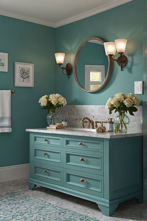 Dive into a soothing coastal bathroom retreat with soft teal shades of Tame Teal (SW 6757). Follow along for daily interior designer routines and décor tips! #Ad #homedecor #homedesign #bathroom #Painthome interiorarchitecture best Wall Colors for Bathroom Colors
Bright Room Colors
best colors combinations bathroom
bathroom Remodeling
Modern Paint Colors
2024 Teal Bathroom Paint Colors, Soft Turquoise Paint Colors, Aqua Bathroom Ideas, Bathroom Wall Paint Colors, Teal Bathroom Paint, Light Aqua Paint, Bright Bathroom Ideas, Bright Colored Bathrooms, Paint Colors 2024