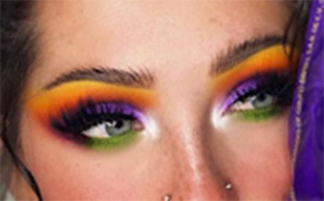 Ulta Beauty By @emirymyshell Purple, Green, Orange & Yellow Smokey Winged Eye Purple And Orange Eyeshadow Halloween, Green Purple Orange Eye Makeup, Green And Orange Eyeshadow Looks, Orange And Purple Eyeshadow, Orange Black Purple Green Halloween Nails, Green And Purple Makeup Look, Orange Purple Eyeshadow, Orange Purple Makeup, Green And Purple Eyeshadow Looks