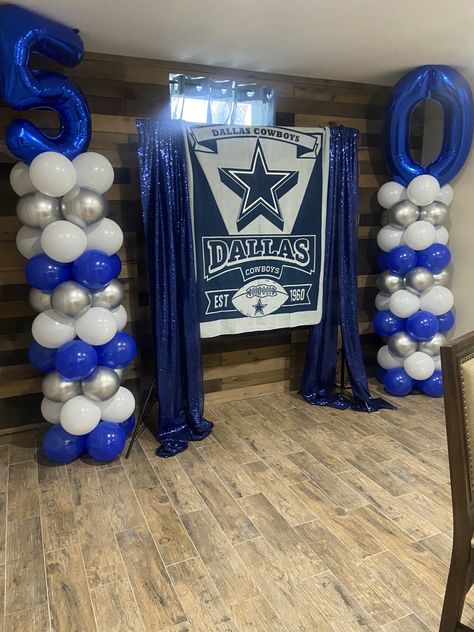 Dallas Theme Party, Cowboys Birthday Party Decorations, Dallas Cowboys Table Centerpieces, Dallas Cowboys 50th Birthday Party, Cowboys Birthday Party Football, Dallas Cowboy Theme Party For Adults, Dallas Cowboys Birthday Party Decoration, Dallas Cowboy Birthday Party, Dallas Cowboys Decorations