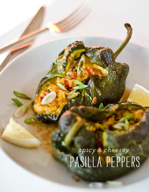 Stuffed Pasilla Peppers Recipe for Cinco De Mayo | foodiecrush Pasilla Pepper Recipes, Pasilla Peppers, Turkey Enchiladas, Foodie Crush, Vegetarian Sandwich, Hispanic Food, Starters Recipes, Peppers Recipes, Delicious Vegetarian