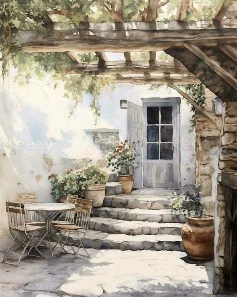 Terrace of a rustic wine restaurant, Generative AI Watercolor Cottage, Wine Restaurant, Restaurant Ad, Urban Sketchers, Art Watercolor, Cute Pictures, Watercolor Art, Terrace, Art Reference