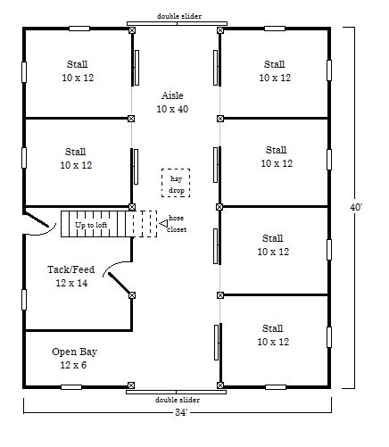 Barn Plan 1.  I imagine it in that black barn I have pinned on the same board, with a few door and window modifications 4 Stall Barn Layout, 6 Stall Horse Barn Plans, Animal Barn Ideas, 4 Stall Horse Barn Plans, Barn Floor Plans, Horse Farm Layout, Feed Room, Barn Layout, Horse Farm Ideas