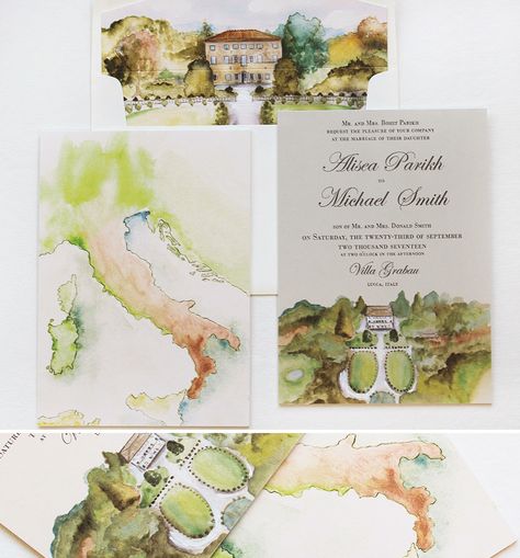 watercolor-italy-wedding-invitation Usvi Wedding, Hand Painted Invitations, Vineyard Wedding Invitations, Painted Invitations, Painted Wedding Invitation, Custom Wedding Map, Watercolour Wedding Stationery, Carmel Weddings, Vermont Wedding