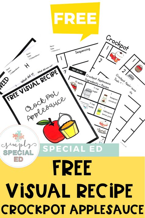 FREE Visual Recipe: Crockpot Applesauce - Simply Special Ed -  Use this freebie during the fall months in your special education room. It can work for elementary, middle, or high school students in a sped classroom. Click through to learn more and sign up now! It's great for cooking in the classroom at any time of year, but especially in August, September, October, or November. #FallActivities #CookingInTheClassroom #SpecialEducation Special Education Cooking, Free Visual Recipes Special Education, Fall Sped Activities, Classroom Applesauce, Visual Recipes Special Education, Visual Recipes For Kids, Classroom Cooking, Teaching Executive Functioning Skills, Teaching Executive Functioning