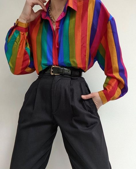 Funky Button Up Shirt Outfit, Button Up Short Sleeve Shirt Outfit, Alternative Fashion Colorful, Colorful Button Up Shirt Outfit, Colorful Edgy Outfits, Colorful Alternative Fashion, Nonbinary Clothes, Bright Clothes, Colourful Style