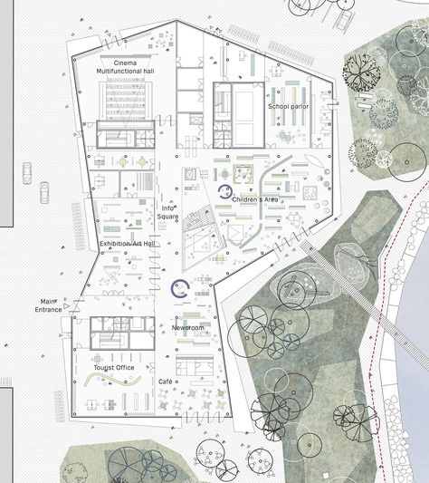 Image 6 of 8 from gallery of New Culture Centre and Library Winning Proposal / schmidt hammer lassen architects. ground floor plan Cultural Center Architecture, Library Plan, Museum Plan, Surfrider Foundation, مركز ثقافي, Plans Architecture, Library Architecture, Desain Lanskap, Cultural Centre