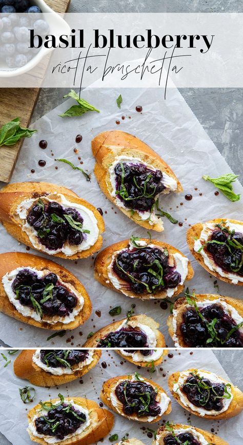 Blueberry Basil Bruschetta, Ricotta Bruschetta Recipe, Ricotta Appetizer Recipes, Blueberry Bruschetta, Roasted Blueberries, Ricotta Appetizer, Ricotta Bruschetta, Blueberry Ricotta, Whipped Goat Cheese