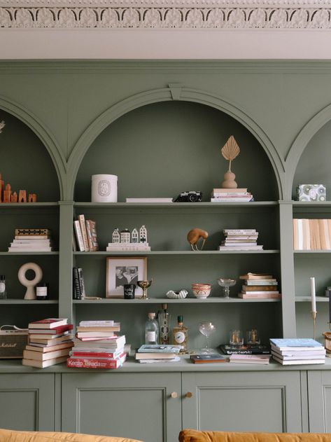 Colored Built In Cabinets, Best Built Ins, Built In Shelves Living Room Green, Green Bookshelves Built Ins, Olive Green Bookcase, Green Built In Shelves, Arches Built Ins, Arched Bookshelves Built Ins, Beautiful Built-in Ideas