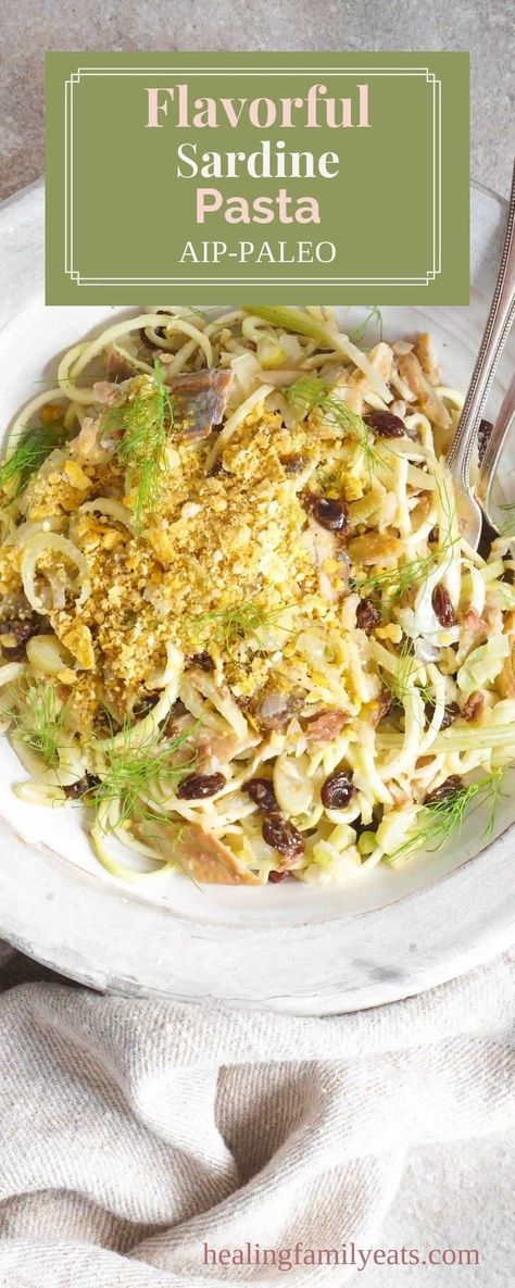 This pasta is full of unusual flavors that work incredibly well together. The star of the show is small, salty sardine fish. The fish is balanced with flavors like hearty fennel, rich olive oil… More Sardine Pasta, Sardine Fish, Sardine Recipes, Spiralized Zucchini, Paleo Foods, Plantain Chips, Autoimmune Paleo, Aip Paleo, Aip Recipes