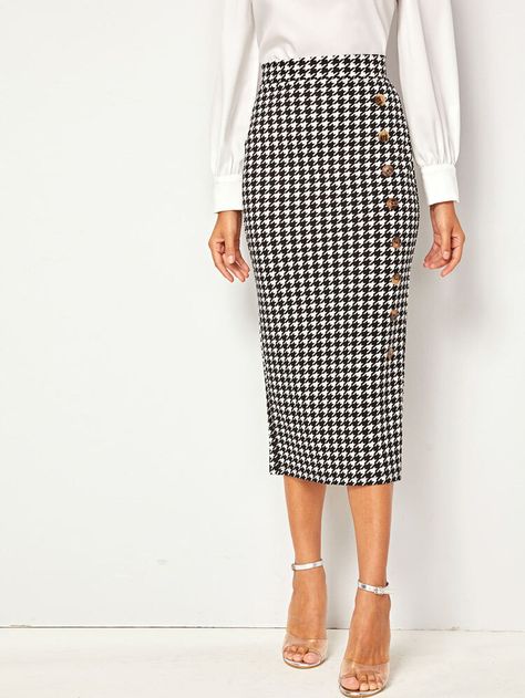 Wide Waistband Button Front Split Back Houndstooth Skirt | SHEIN USA Straight Skirt Outfits, Pencil Skirt Work, Pencil Skirt Casual, Houndstooth Pencil Skirt, Houndstooth Skirt, Rock Outfit, High Waisted Pencil Skirt, Fall Skirts, Skirt Women