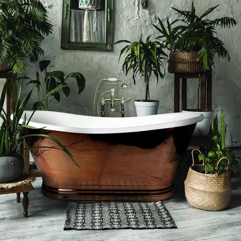 Traditionally handcrafted in the same manner that has been used for centuries, this BC Designs 1500mm freestanding boat bath will create a statement in any traditional bathroom setting. This beautiful finish features authentic characteristics such as blemishes and gentle undulations, making this bath not only distinctive but unique to you.   	   Handmade using traditional techniques, copper is a living finish and will patina over time. This bath will need preserving to maintain the finish, so pl Copper Bath, Copper Bathtubs, Bohemian Bathroom, Boho Bathroom Decor, Copper Bathroom, Roll Top Bath, Standing Bath, Boho Bathroom, Roll Top