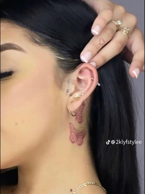 Behind The Ear Tattoo Ideas Unique, Tattoo Ideas Behind The Ear, Back Ear Tattoo, Tattoos Behind Ear, Butterfly Neck Tattoo, Black Color Hairstyles, Small Neck Tattoos, Behind Ear Tattoos, Side Neck Tattoo