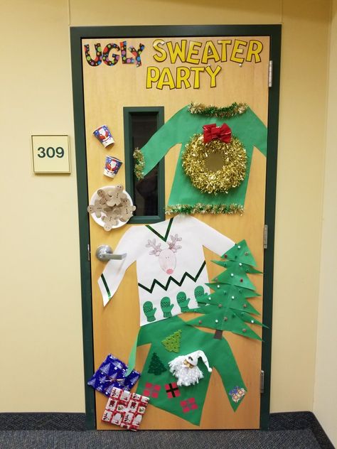 Ugly Christmas Sweater Door, Ugly Sweater Door Decoration, Ugly Sweater Classroom Door, Ugly Christmas Sweater Door Decoration, Ugly Sweater Bulletin Board Ideas, Ugly Sweater Door Decorating Ideas, Ugly Sweater Door, Sweater Bulletin Board, Kindergarten Christmas Bulletin Board