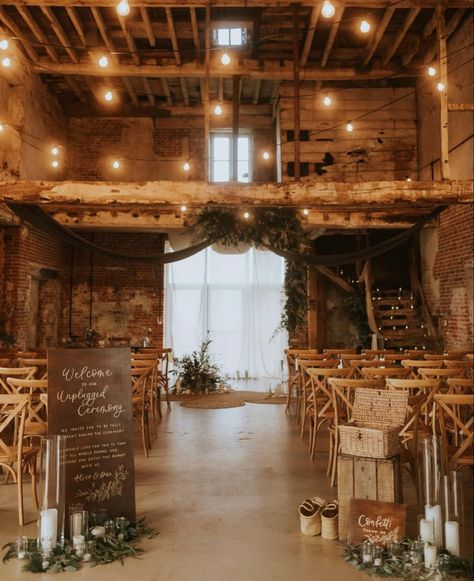 Indoor Ceremony Ideas, Small Indoor Ceremony, Barn Ceremony Wedding, Indoor Fall Wedding, Barn Wedding Ceremony, Concrete Wedding, Barn Backdrop, Fall Wedding Venues, Young Wedding