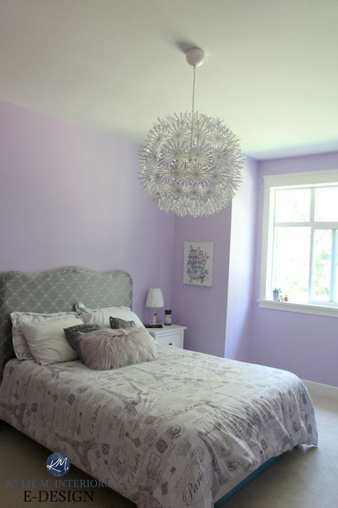 Best purple paint colour, Benjamin Moore Lily Lavender in girls tween bedroom with gray and white. Kylie M INteriors Edesign, edecor and online paint colour blog Girls Bedroom Paint Colors, Kids Room Paint Colors, Kylie M Interiors, Girls Bedroom Paint, Girls Room Paint, Girls Room Colors, Girls Bedroom Colors, Lavender Room, Purple Bedrooms