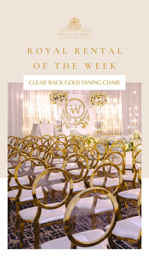 Product Features: Gold or Silver Finish | White or Black seat cushion, high-quality dense foam | Polished Stainless Steel Frame | Clear acrylic back, suitable for vinyl monogram or logo | Perfect for weddings, receptions, corporate dinners, large galas. #gold #chairs #chairrentals #weddingideas #luxury Gold Chiavari Chairs Wedding Receptions, Louis Chairs Wedding, Gold Chiavari Chairs Wedding, Chiavari Chairs Wedding, Luxury Event Decor, Wedding Reception Chairs, Gold Chairs, Gold Dining Chairs, Gold Chiavari Chairs