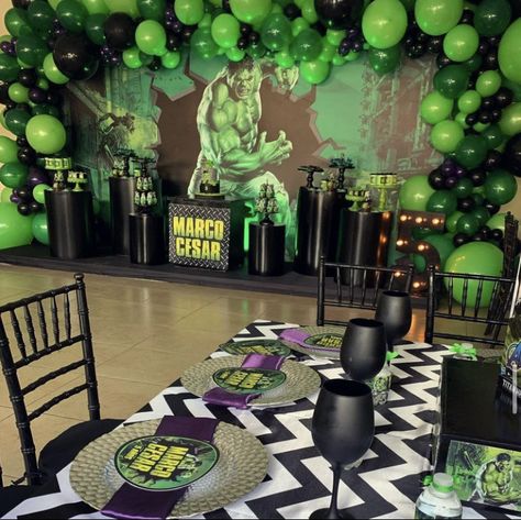 Diy Hulk Birthday Party Decorations, She Hulk Birthday Party, Hulk Centerpieces Birthday, Hulk Backdrop, Hulk Third Birthday, Hulk Theme Party, Incredible Hulk Party, Incredible Hulk Birthday Party, Hulk Theme