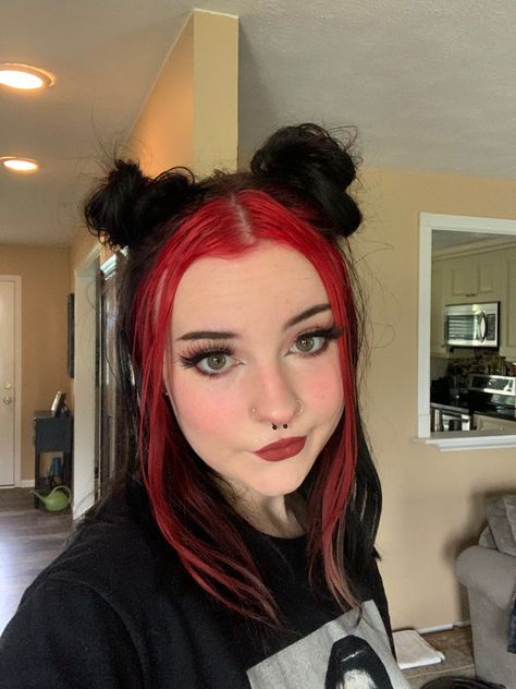 tiktok egirl hair money pieces red and black Black Hair With Two Front Pieces Dyed, Colored Front Hair Streaks, Red Hair With Black Front Pieces, Two Red Streaks In Front Of Hair, Front Hair Dyed Streaks Red, Short Black Hair With Red Money Piece, Black Hair Red Front Pieces, Red Hair Front Pieces, Red Front Hair