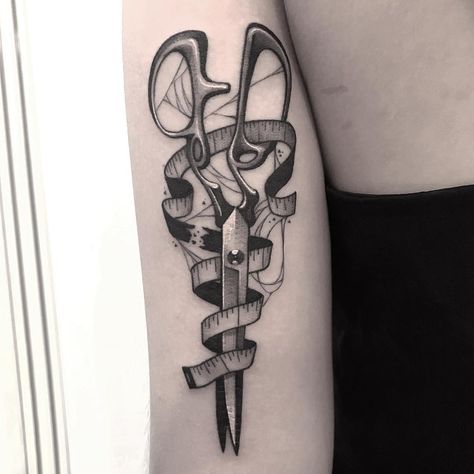 Scissors and tape measure blackwork tattoo - tailor tattoo - seamstress tattoo Sewing Tattoos Ideas, Seamstress Tattoo Ideas, Measuring Tape Tattoo, Fabric Scissors Tattoo, Tailor Tattoo Ideas, Tape Measure Tattoo, Seamstress Tattoo, Sewing Scissors Tattoo, Scissors Tattoo Design