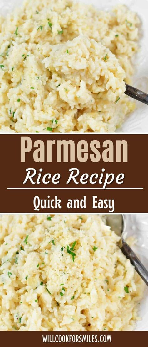 Creamy Parmesan Rice is a great way to brighten your side dish with lots of flavor. Garlic, onion, fresh grated parmesan cheese, and parsley make this rice side a great addition to any dinner. It also reheats like a dream in the microwave so it's excellent for making ahead of time. White Rice Sides Dinners, Rice As Side Dish, Crockpot Rice Side Dish, Garlic Parmesan Rice Instant Pot, Rice With Garlic And Onion, Supper Rice Recipe, Spinach Parmesan Rice, Healthy Cheesy Rice, Garlic Parm Rice Recipes