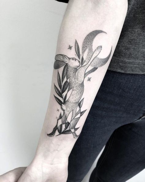 Cute monochrome rabbit and crescent moon tattoo Hare Tattoo, Related Tattoos, Crescent Moon Tattoo, Pisces Tattoos, Bunny Tattoos, Rabbit Tattoos, Sleeves Ideas, Dot Work Tattoo, S Tattoo