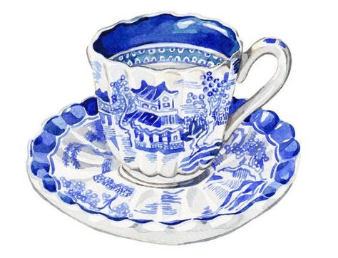 Holly Exley, Colorful Tea Cups, Willow Tea, Tea Cup Art, Tea Illustration, Jar Art, Watercolour Illustration, Biscuit Tin, Willow Pattern