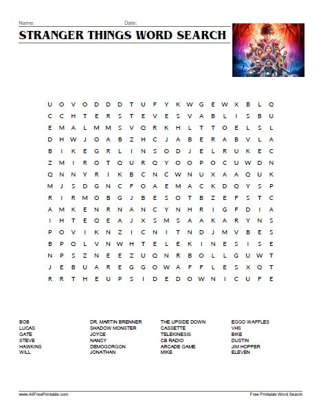 Free Printable Stranger Things Word Search. Free Printable Stranger Things Word Search activity of the Horror, Sci-Fi TV Hit Show from Netflix. Have some fun searching for words related to Stranger Things TV Series. You can share this activity with all your friends, neighbor and co-worker. Great for your next Stranger Things or 80's themed party. Find words from Stranger Stranger Things Worksheet, Stranger Things Word Search, Stranger Things Stickers Printable, Stranger Things Games, Stranger Things Printables, Stranger Things Birthday Party Ideas, Stranger Things Party Ideas, Stickers Stranger Things, Stranger Things Diy